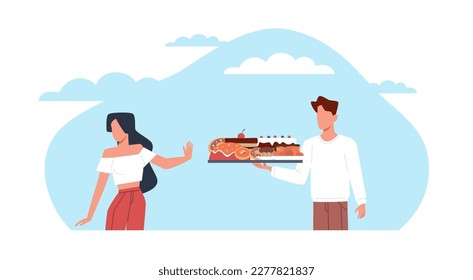 Woman refuses sweet dessert. Said no to food with sugar, diet or detox, diabetes. Stop hand gesture. Healthy lifestyle. Girl reject cake and muffin. Cartoon flat illustration. Vector concept