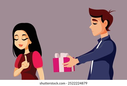 
Woman Refusing a Gift from a Man Vector Cartoon Illustration. Girl not interested in romantic pursue nor presents
