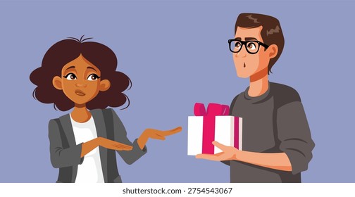 Woman Refusing a Gift from a Suitor Vector Illustration. Girl does not want to accept attention from a suitor
