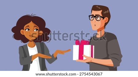 Woman Refusing a Gift from a Suitor Vector Illustration. Girl does not want to accept attention from a suitor
