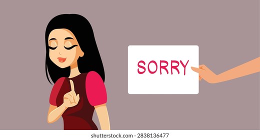 Woman Refusing Handwritten Sorry Note Card From Partner In Relationship     
 Unhappy girl cartoon character rejecting  apology text note from her former partner 
