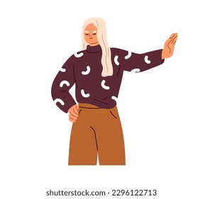 Woman refusing, rejecting with hand gesture, stop sign. Girl saying no with arm, palm. Refusal, denial, negation, non-verbal mute expression. Flat vector illustration isolated on white background