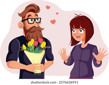 
Woman Refusing Suitor with Flower Bouquet Vector Illustration. Young lady not interested in pursuing love proposal 
