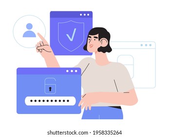 Woman register online on different devices. Registration or sign up user interface. User use secure login and password protection on website or social media account. Vector illustrations for UI, app.