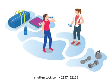 woman rehydration drink water after training workout with modern isometric style