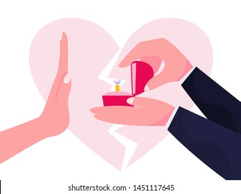 Woman reject the marriage proposal. Hand gesture no, end of relationship. Wedding refusal. Isolated vector illustration in cartoon style