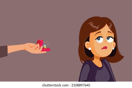 

Woman Rejecting Engagement Ring Vector Cartoon Illustration. Girlfriend unimpressed with the diamond saying no to the wedding proposal
