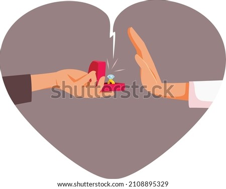 
Woman Rejecting Engagement Ring Vector Cartoon Illustration. girlfriend making no hand gesture to marriage proposal from boyfriend
