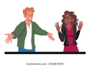 Woman rejecting hug from a male friend vector illustration. person setting limits on a persistent guy's need for personal space. vector illustration with white background.