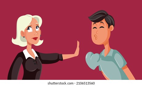 
Woman Rejecting A Kiss From Infatuated Lover Vector Cartoon. Annoying Stalker Man Harassing A Girl Not Understanding Consent And Rejection 
