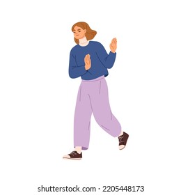 Woman rejecting, refusing, gesturing stop with hand palms, going away. Girl saying no, denying, showing disagreement, refusal, rejection. Flat graphic vector illustration isolated on white background