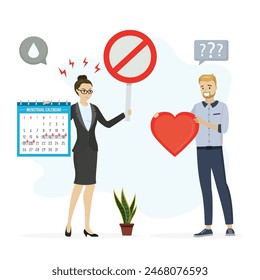 Woman rejects a man with red heart. No love, divorce, family problems. Angry girl does not want to communicate with her boyfriend. Sad woman with mental problems, PMS and premenstrual syndrome. vector