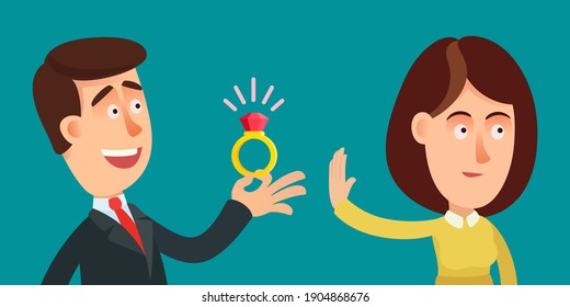Woman rejects marriage proposal. Young man invites his beloved to marry and gives her engagement ring, the woman disagrees and says no. Vector illustration, flat design, cartoon design, isolated.
