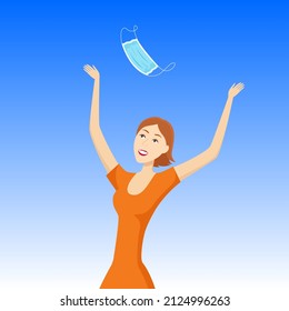 Woman rejoice and toss up medical mask. Pandemic finishing. Vector illustration.