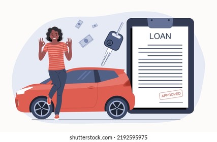 A woman rejoices at the approval of a car loan. Vector illustration.