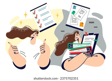 Woman rejoices at having time management skills, standing near sad colleague who is breaking deadlines. Girl before and after training in time management and professional task planning