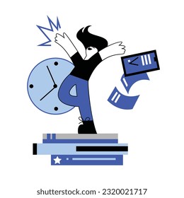 Woman rejoices of successful completion of all tasks. Good business process. Lady doing different tasks at work. Time management efficiency. Flat vector illustration in blue colors