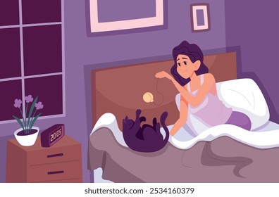 Mujer, relájate. Mujer persona relajarse en la cama Vector exacto ilustración de fondo de dibujos animados