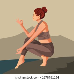 Woman relax with her yoga pose on beautiful mountain scenery
