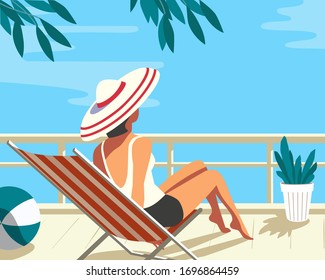 Woman Relax At Home Balcony In City House Flat Vector. Staying Home Vacation Enjoy Cartoon Illustration. Female Social Distancing Enjoying Sun Day At House Terrace. Staycation Leisure Time In Town