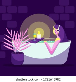 Woman Relax At Home: Takes Bath Under Candlelight, Listens To Music. Vector Illustration