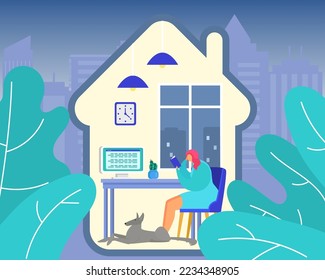 Woman relax at home, vector illustration. Young girl character read cartoon book at room, leisure inside. Relaxation with flat literature