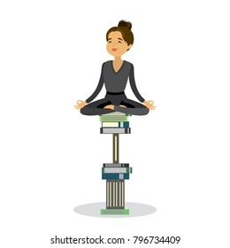 Woman relax in lotus yoga pose sitting on a pile of books,place for text,isolated on white,flat vector illustration