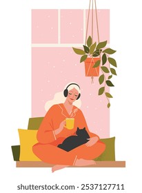 Mujer relajarse meditando, escuchar música en casa, personaje femenino en auriculares inalámbricos en posición de loto, sentimiento tranquilo, actividades en el interior, concepto de meditación, ilustración plana de Vector