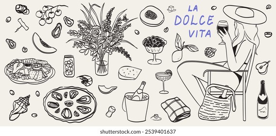 Mulher relaxar no café da praia ou perto da piscina com vinho e comida saborosa. Tema de verão dolce vita. Férias marítimas italianas. Desenho de tinta de vaso com flores, frutos do mar e vinho ou champanhe para cartaz ou cartaz.