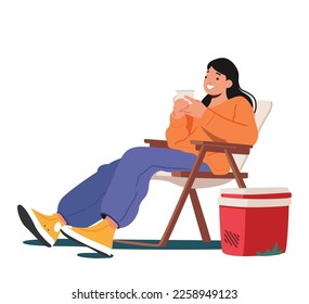 Woman Relax On Daybed, Drink Tea In Camping Isolated On White Background. Cozy, Peaceful Scene with Female Character Enjoying Nature and Hot Beverage. Cartoon People Vector Illustration