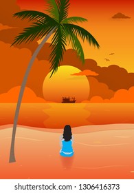 woman relax sitting under coconut tree on beach while boat floating in sea with sunset background, tropical vector illustration
