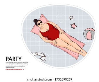 Woman relax in swimming pool, plus size model tan on air mattresses  illustration. Summer curves girl bikini lifestyle illustration. Hipster weekend outdoor resting on inflatable mattress vector art. 