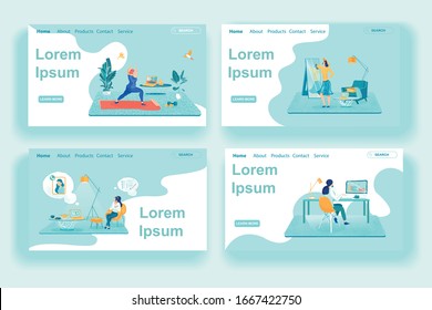 Woman Relaxation Ideas Landing Page Templates Set. Girl Practicing Yoga at Home, Watching Online Tutorial. Young Lady Ordering Good in Internet Store, Trying New Outfits. Freelance Call Center Worker