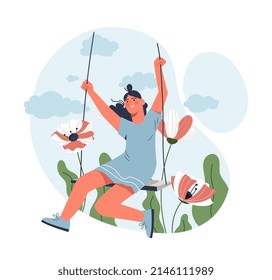 Woman relaxation on swing. Young girl has fun in spring, metaphor for relaxation. Weekends and vacations, lightness and serenity, love of nature and freedom. Cartoon flat vector illustration