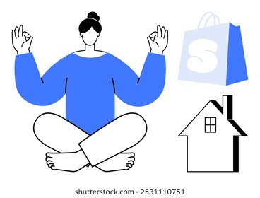 Mujer en pose de meditación relajada, piernas cruzadas con manos en gesto mudra. Cerca, una bolsa de compras con una S y un contorno de la casa. Ideal para mindfulness, compras, comercio electrónico, vida en el hogar, simplicidad