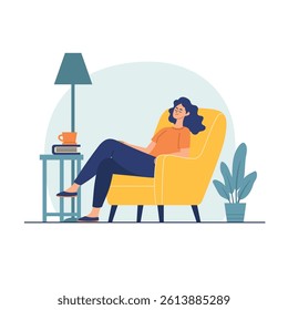 woman relaxes in armchair with side table, books, mug, lamp and potted plant nearby, flat style vector illustration isolated on white background