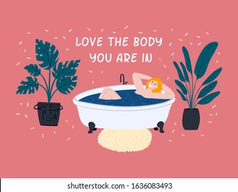 Woman Relaxes In Bathroom. Body Positive, Self Care And Self Love Cartoon Flat Style Vector Illustration. Love The Body You Are In. Urban Jungle Modern Interior Design. 