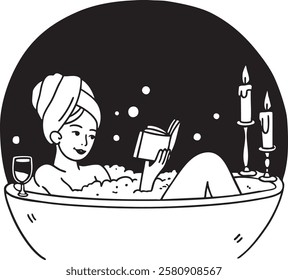 A woman relaxes in a bathtub filled with bubbles. She has a towel on her head, holding a book or a glass of wine. Candles and soft lighting add warmth. Black and white doodle art.