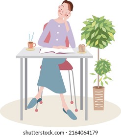 A woman relaxes and dozes off while reading in front of coffee and cake on the table at home.vector illustration
