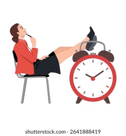 Woman relaxes with her feet on a giant clock, symbolizing a moment of pause and contemplation. Flat vector illustration isolated on white background
