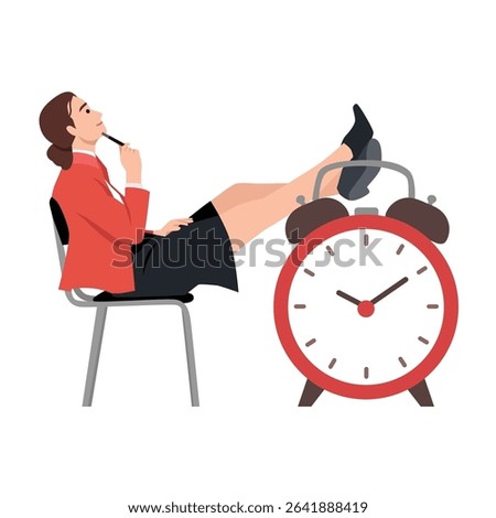 Woman relaxes with her feet on a giant clock, symbolizing a moment of pause and contemplation. Flat vector illustration isolated on white background