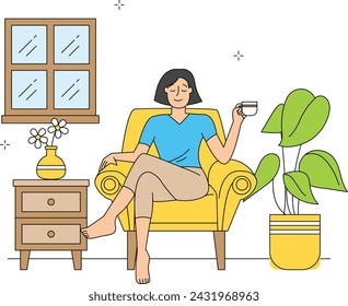 A woman relaxes on a sofa with a cup of tea