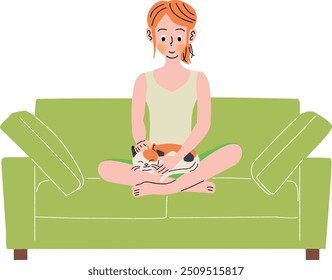 Woman relaxes on the sofa with her pet