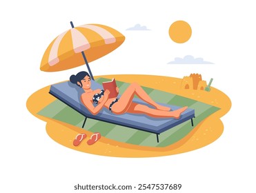 Una mujer se relaja en una tumbona mientras lee un libro en la playa, con un paraguas para sombra y un castillo de arena al fondo. Ilustración vectorial