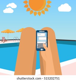 Woman relaxes on a swimingpool while on her smart phone phone addiction