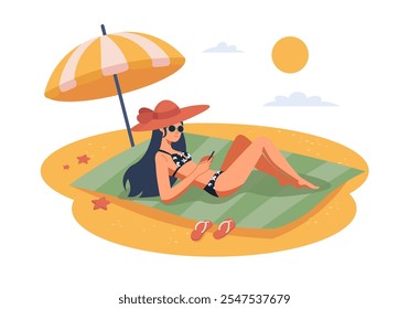 A woman relaxes under an umbrella, lying on a beach mat while using her phone. The scene includes a sun, clouds, and stars on the sand. Vector illustration