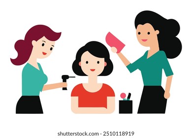 A woman relaxes in a vintage beauty salon, receiving a manicure from a skilled manicurist while a hair stylist works on her hair. The atmosphere is elegant and pampering.