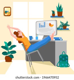 Woman relaxes in the workplace. Smiling girl puts feet on the table with computer and rests. Girl swings on the chair. Vector illustration in flat style.