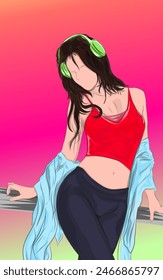 woman is relaxing after jogging while listening to music, with a pink and green gradient background