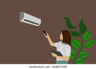 Woman relaxing in arm chair at home, turning on air conditioner system, holding remote control device. Flat vector illustration for summer, cleaning, comfort at home, appliance concept